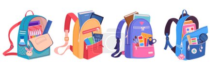 Illustration for Cartoon school bags. Colorful school backpacks, cute school bags with school supplies and notebooks, textile kids backpacks flat vector illustration set. Multicolored backpacks collection - Royalty Free Image