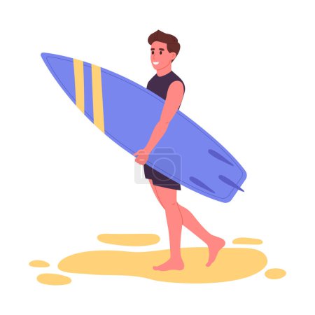 Téléchargez les illustrations : Un homme portant une planche de surf. Guy avec planche de surf sur la plage, sports nautiques et loisirs illustration vectorielle plate. Dessin animé personnage masculin faisant du sport extrême - en licence libre de droit