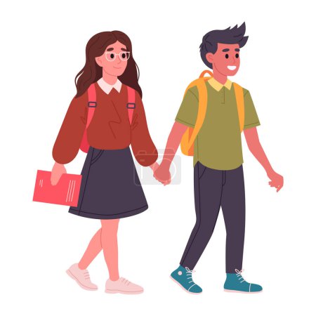 Illustration for School students couple. Junior high school students with backpacks and books going to school flat vector illustration. School friends couple - Royalty Free Image