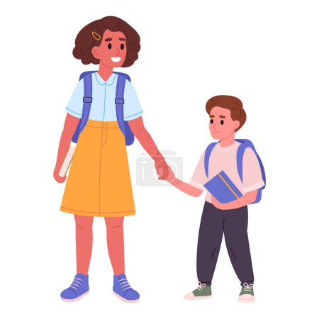 School students. Primary and middle school students, sister with her little brother going to school flat vector illustration. School kids on white