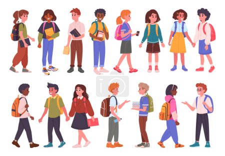 Illustration for Secondary school students. Happy kids going to school, male and female school pupils with backpacks flat vector illustration set. Middle school students - Royalty Free Image