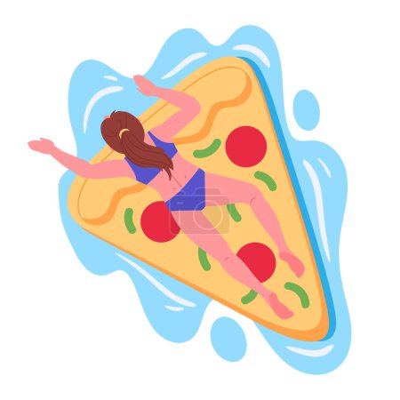 Téléchargez les illustrations : Femme sur matelas gonflable. Fille nageant sur un jouet gonflable en forme de pizza dans la piscine ou l'illustration vectorielle plate de la mer. Caractère féminin relaxant sur matelas en caoutchouc pizza - en licence libre de droit