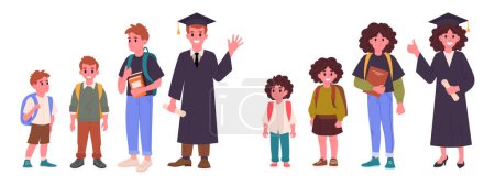 Illustration for Students growing up. Male and female school students education stages from elementary to high school and school graduation flat vector illustration set. Boy and girl of different school grades - Royalty Free Image