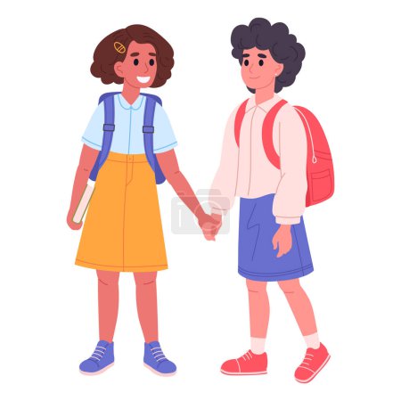 Junior high school students. Girls with backpacks and books going to school flat vector illustration. Cartoon school friends couple