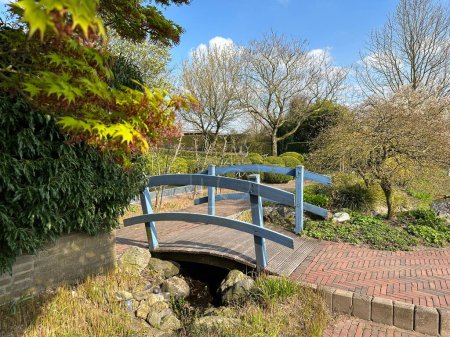Foto de Bonito puente sobre el arroyo. Oriental, paisaje de primavera. Pasarela de madera pintada - Imagen libre de derechos