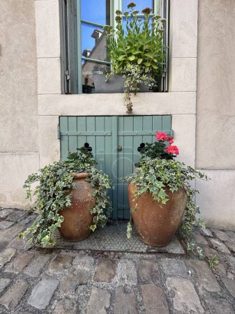 Téléchargez les photos : Fenêtre en Bourgogne, France. Hedera helix et pelargonium in terracotta amphorae. Hylotelephium sur le rebord de la fenêtre - en image libre de droit