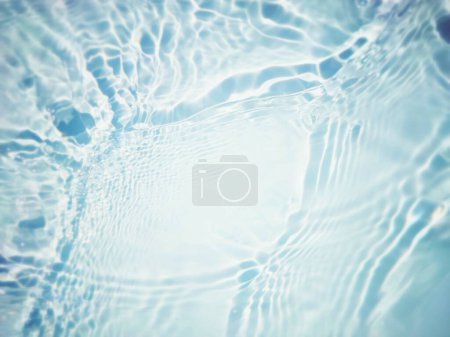 Defocus blurred transparent white colored clear calm water surface texture with splashes and bubbles. Trendy abstract nature background. Water waves in sunlight with copy space. White water shinning