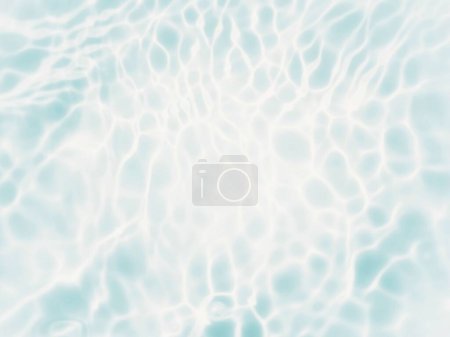 Photo for Defocus blurred transparent blue colored clear calm water surface texture with splashes and bubbles. Trendy abstract nature background. Water waves in sunlight with copy space. Blue water shine - Royalty Free Image