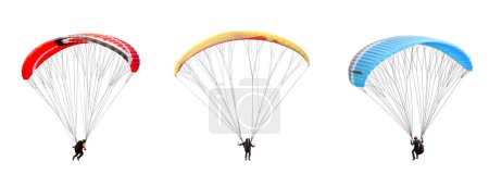 Foto de Collection Bright colorful parachute on white background, isolated. Concept of extreme sport, taking adventure challenge. - Imagen libre de derechos