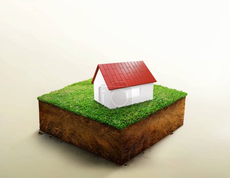 Musterhaus im runden Bodenquerschnitt mit Erdland und grünem Gras, Bodenökologie isoliert auf heller Farbe. Immobilienverkauf, Immobilieninvestitionskonzept. 3D-Illustration.