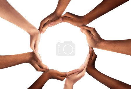 Conceptual symbol of multiracial human hands making a circle on white background with a copy space in the middle. The concept of unity, cooperation, partnership, teamwork and charity.