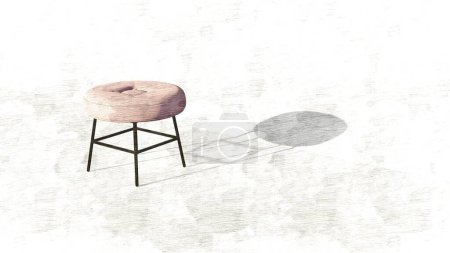 Cremefarbener runder Hocker mit einer rechteckigen Vertiefung in der Mitte. Möbeldesign 3D-Render. Einzelner Stuhl isoliert auf Skizze