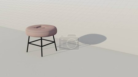 Cream round footstool with a rectangular depression in the middle. Furniture design 3d render. Single chair isolated with blueprint