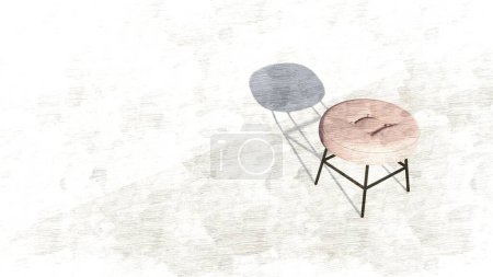 Cream round footstool with a rectangular depression in the middle. Furniture design 3d render. Single chair isolated on sketch