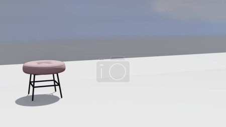 Cremefarbener runder Hocker mit einer rechteckigen Vertiefung in der Mitte. Möbeldesign 3D-Render. Einzelner Stuhl isoliert.