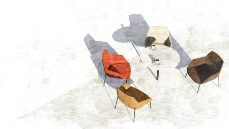Skatch-Hintergrund mit Esstisch oder Couchtisch und Sesseln in Pastellfarben. 3D-Darstellung