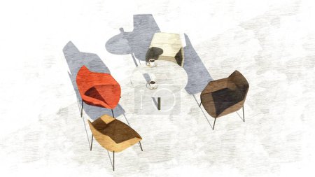 Skatch-Hintergrund mit Esstisch oder Couchtisch und Sesseln in Pastellfarben. 3D-Darstellung