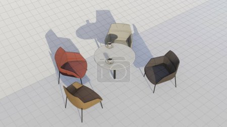 Blaupause Hintergrund mit Esstisch oder Couchtisch und Sesseln in Pastellfarben. 3D-Darstellung
