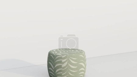 Puf redondo de terciopelo en verde y beige con acentos de hojas sobre fondo blanco. renderizado 3d