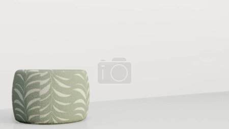 round velvet pouf in green and beige with leaf accents on a white background. 3d rendering