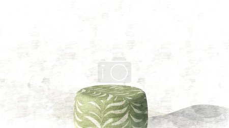 round velvet pouf in green and beige with leaf accents on sketch. 3d rendering