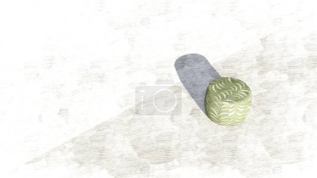 Puf redondo de terciopelo en verde y beige con acentos de hojas en el boceto. renderizado 3d