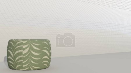 Puf redondo de terciopelo en verde y beige con acentos de hojas sobre un fondo plano. renderizado 3d