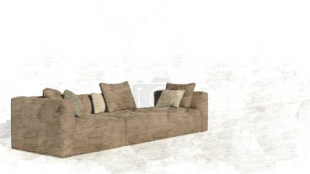 Elegante interior de la casa con sofá, almohadas en boceto. Renderizado 3D