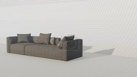 Elegante Interior del Hogar con sofá, almohadas en plano. Renderizado 3D