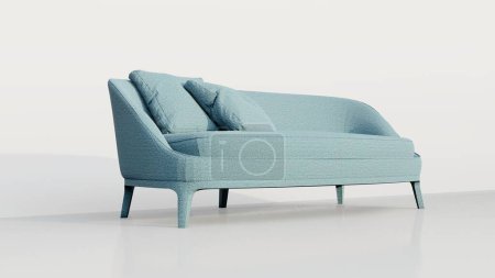 3D-Darstellung eines modernen minimalistischen pastellblauen Sofas mit 2 Kissen darauf