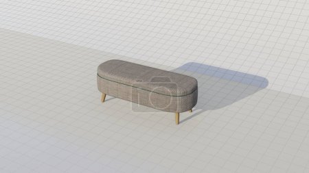 Home interior, soft storage bench with green striped fabric and legs made of wood in blueprint. 3d rendering