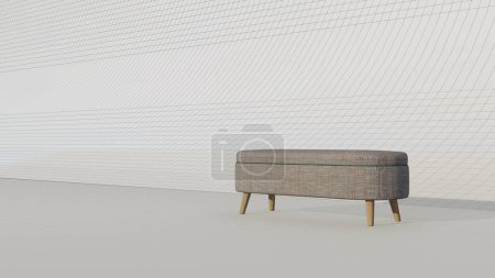 Home Interieur, weiche Aufbewahrungsbank mit grün gestreiftem Stoff und Beinen aus Holz in Blaupause. 3D-Darstellung