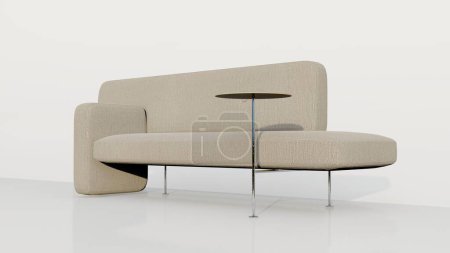Modern cream fabric modular sofa with single coffee table. Textile upholstery sofa with decoration on white background. Modern interior, Loft, Scandinavian. 3d rendering