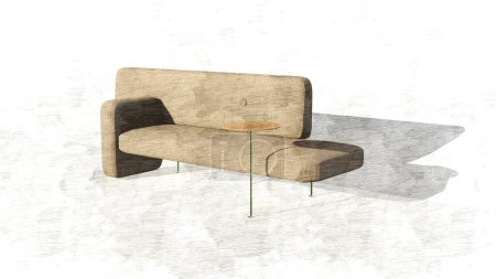 Modernes, modulares Sofa aus cremefarbenem Stoff mit einem Couchtisch. Textilpolstersofa mit Dekoration mit Skizze. Modernes Interieur, Loft, skandinavisch. 3D-Darstellung