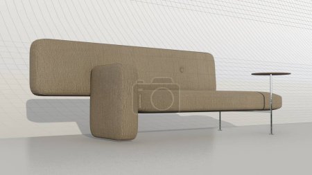 Modernes, modulares Sofa aus cremefarbenem Stoff mit einem Couchtisch. Textilpolstersofa mit Dekoration mit Blaupause. Modernes Interieur, Loft, skandinavisch. 3D-Darstellung