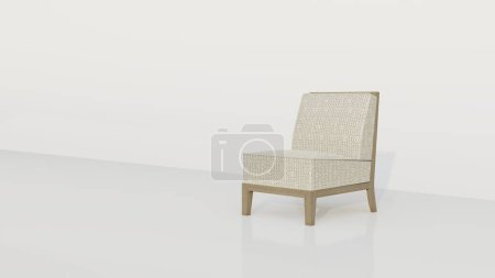 A simple minimalist chair with a combination of wood and velvet with oval motifs that connect to each other on a white background. 3d rendering
