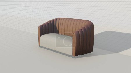 Photo for 3d render of brown leather sofa with white cushions on blueprint - Royalty Free Image