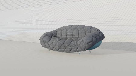 Téléchargez les photos : 3d rendu de l'intérieur du canapé gris moderne avec motif asymétrique en relief et les jambes en métal dans le plan - en image libre de droit