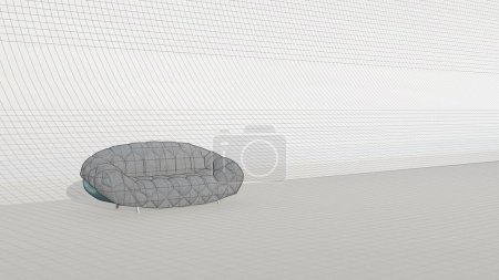 Téléchargez les photos : 3d rendu de l'intérieur du canapé gris moderne avec motif asymétrique en relief et les jambes en métal dans le plan - en image libre de droit