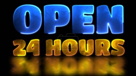 Looping neon glow effect open 24 hours icons, black background