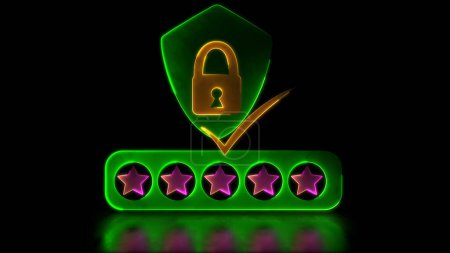 Photo for Looping neon glow effect padlock icon on shield Five stars verify authenticity, black backgroun - Royalty Free Image