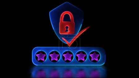 Photo for Looping neon glow effect padlock icon on shield Five stars verify authenticity, black backgroun - Royalty Free Image