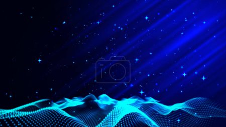 Sparkling glowing stars on a blue background On the waves and the light shine