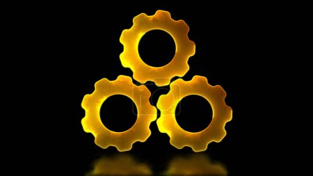 Glowing looping icon, gears collaboration concept neon effect, black background