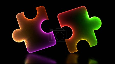 Glowing looping icon, jigsaw, collaboration, concept, neon effect, black background