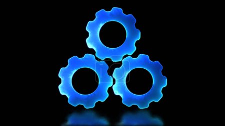 Glowing looping icon, gears collaboration concept neon effect, black background
