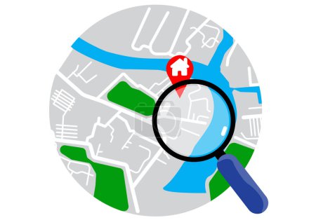 Illustration for A magnifying glass glides across the map: concept, scanning for travel areas or target customer addresses. - Royalty Free Image