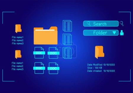Ilustración de Concepto: Sistema de gestión de documentos, software de iconos de carpetas y documentos, búsqueda y gestión de archivos en línea base de datos de documentos, para un archivo eficiente - Imagen libre de derechos