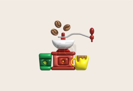 Illustration for 3d illustration Retro style manual coffee grinder and coffee mug coffee shop concept. - Royalty Free Image