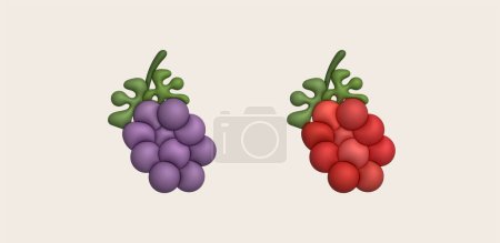 Téléchargez les illustrations : Illustration 3D Bouquet de raisins et feuilles de raisin. style minimal. - en licence libre de droit